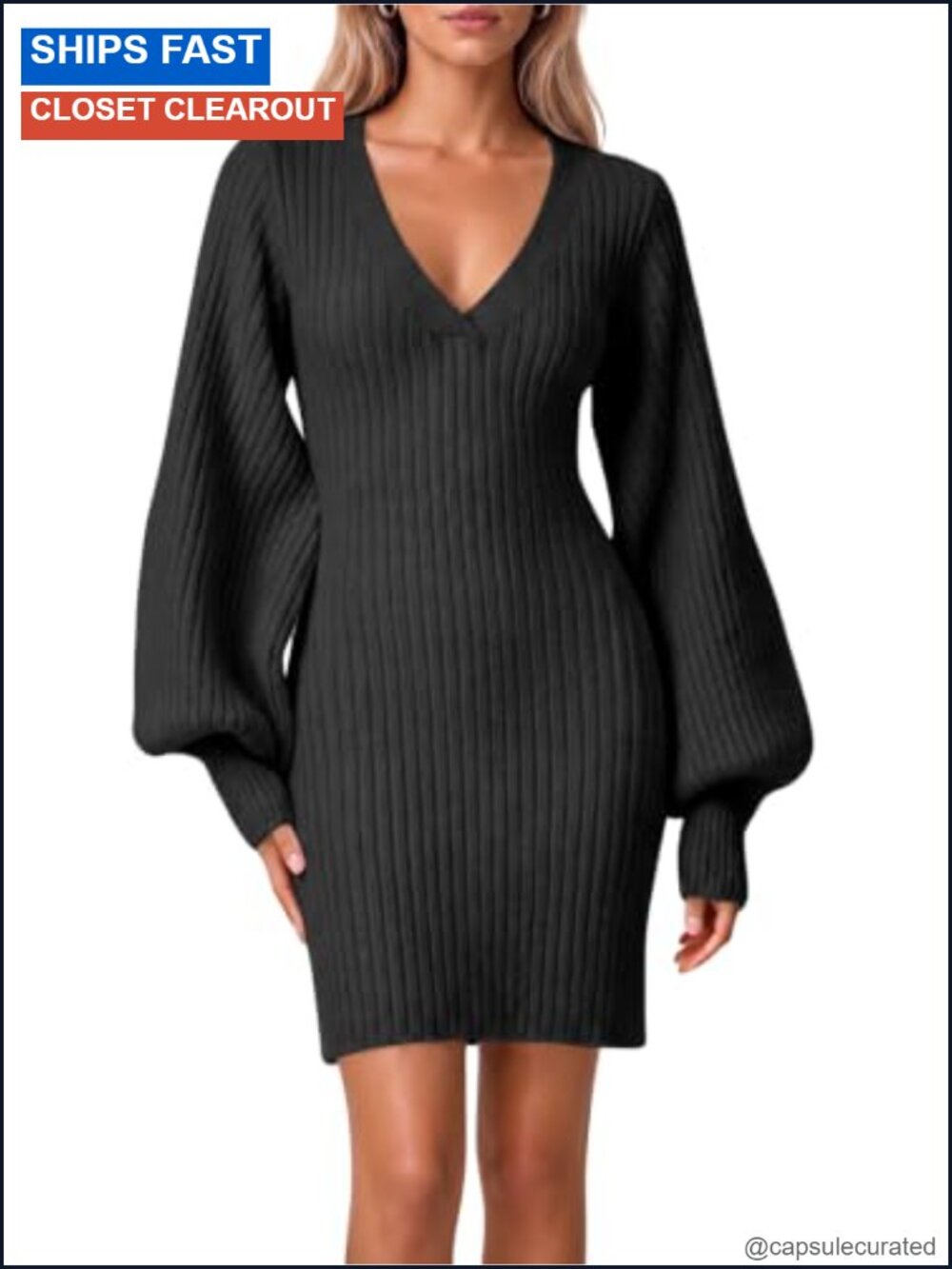 Cicy Bell Women Puff Sleeve V Neck Knit Sweater Dress Mini Pullover